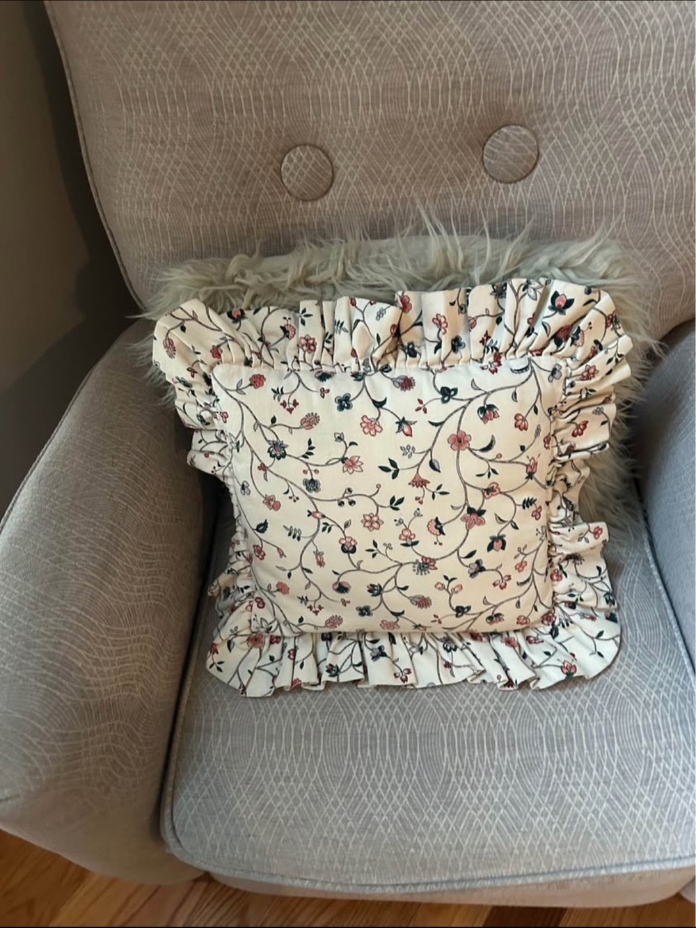 Cottagecore Dianthus Floral Ruffle Accent Pillow - Cream with Pink & Green Print
